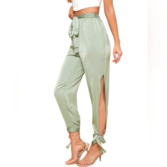 SHEIN Sage Green Satin Knotted Side Belted Pants - Size XL 🌿 - Picture 1 of 12